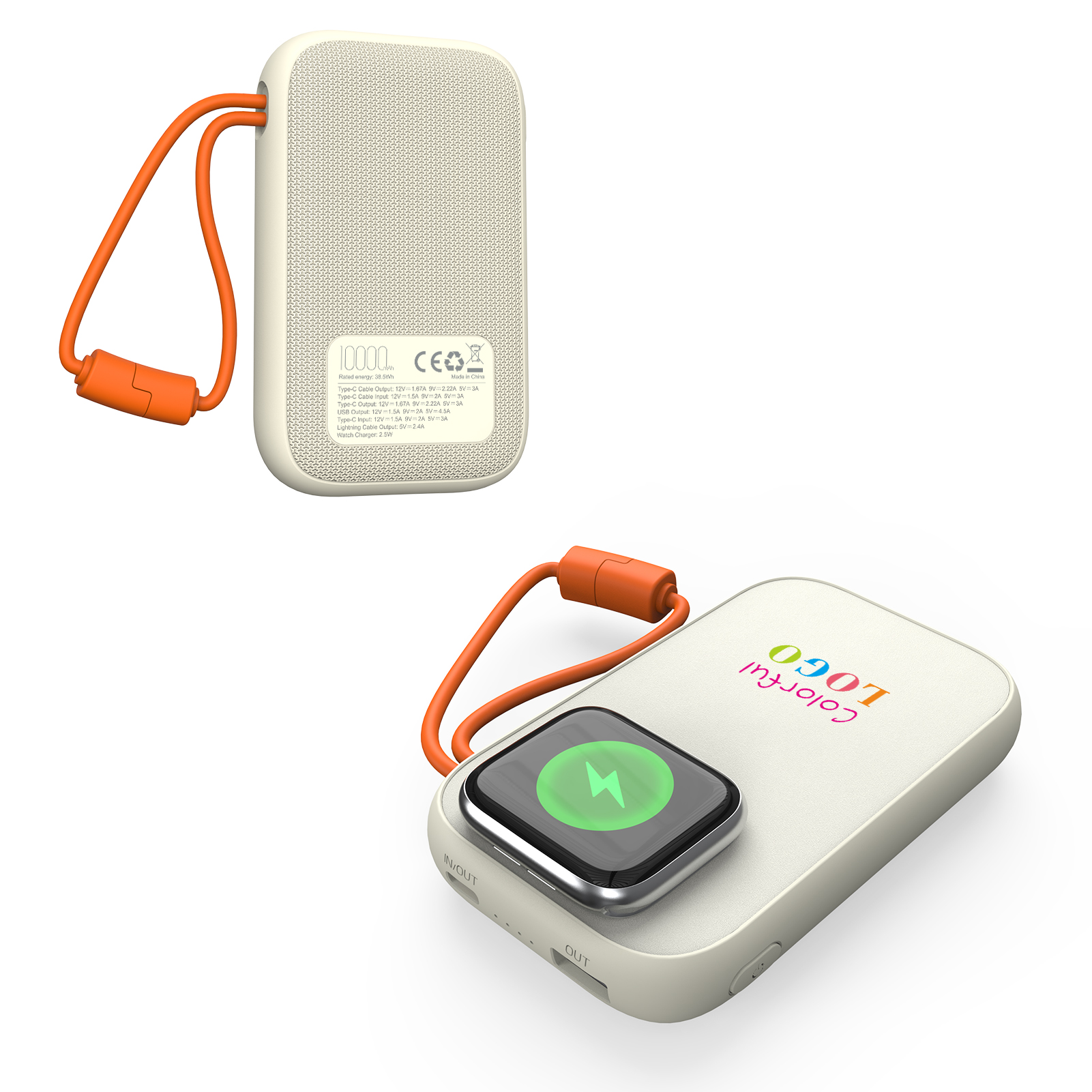 PW317 Apple & Samsung Watch Charger QC22.5W/PD20W Power Bank 10000mAh with Light Up Logo and Lanyard Type-C & Lightning Cables